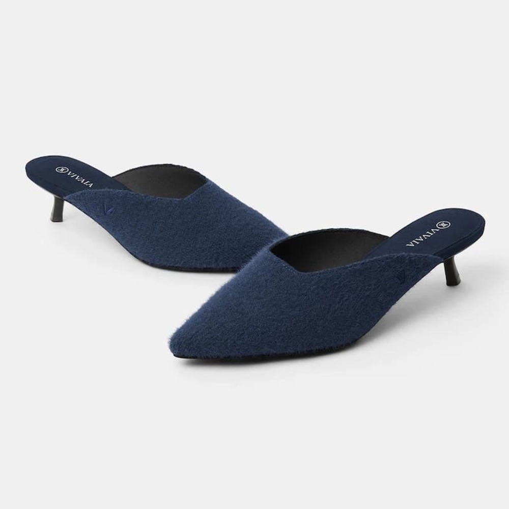 Vivaia Pointed-Toe‎ Kitten Mules Navy Blue Knit Slip On Shoes Size 9.5 EUR 41